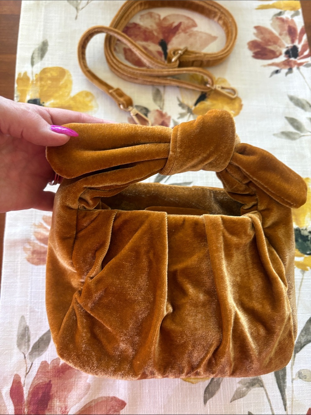 Anthropologie Velvet Knot Drawstring Shoulder Bag in Camel Brown